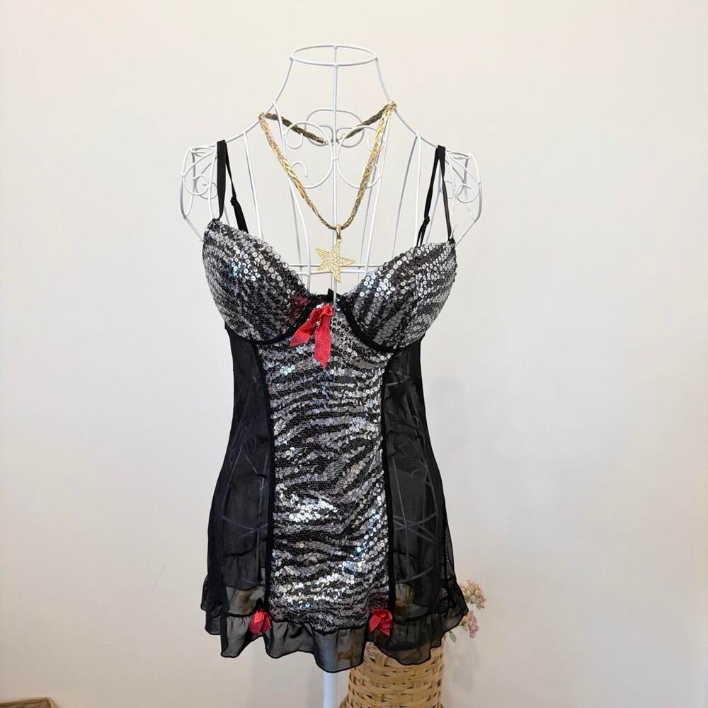 Semi-sheer vintage y2k black & red zebra print sequin babydoll lingerie slip